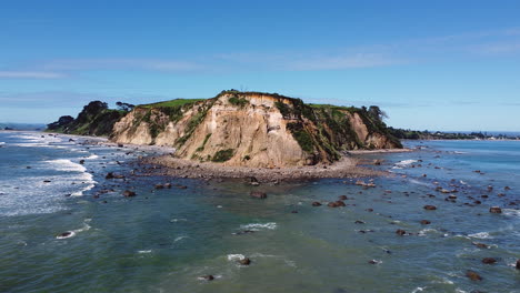 idyllic seascape of maketu beach in north island, new zealand at daytime - aerial drone shot