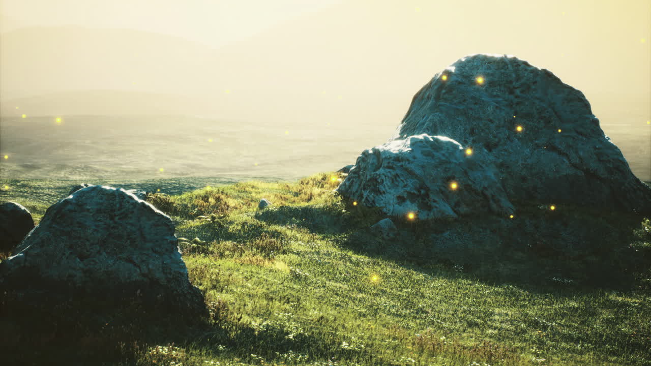Serene landscape with glimmering stones at sunrise in a tranquil setting