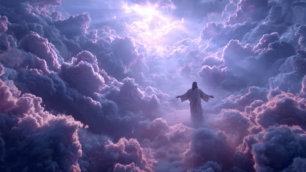 Una visione spirituale: una figura serena in un paesaggio nuvoloso celestiale che abbraccia luce e pace in mezzo all'atmosfera maestosa dei cieli.