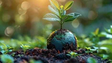 a small plant is growing in the dirt. the plant is surrounded by other plants and the dirt is brown