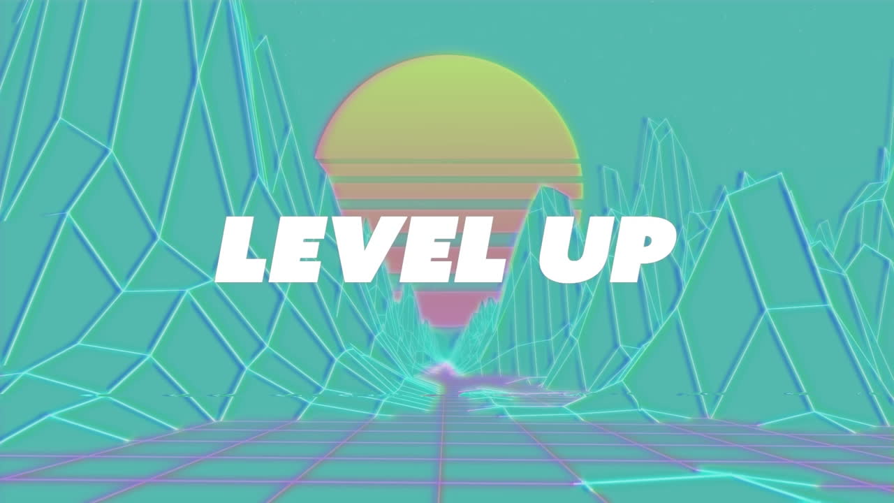 녹색 배경에 태양에 대한 산의 3d 모델에 대한 레벨 업 텍스트의 디지털 애니메이션