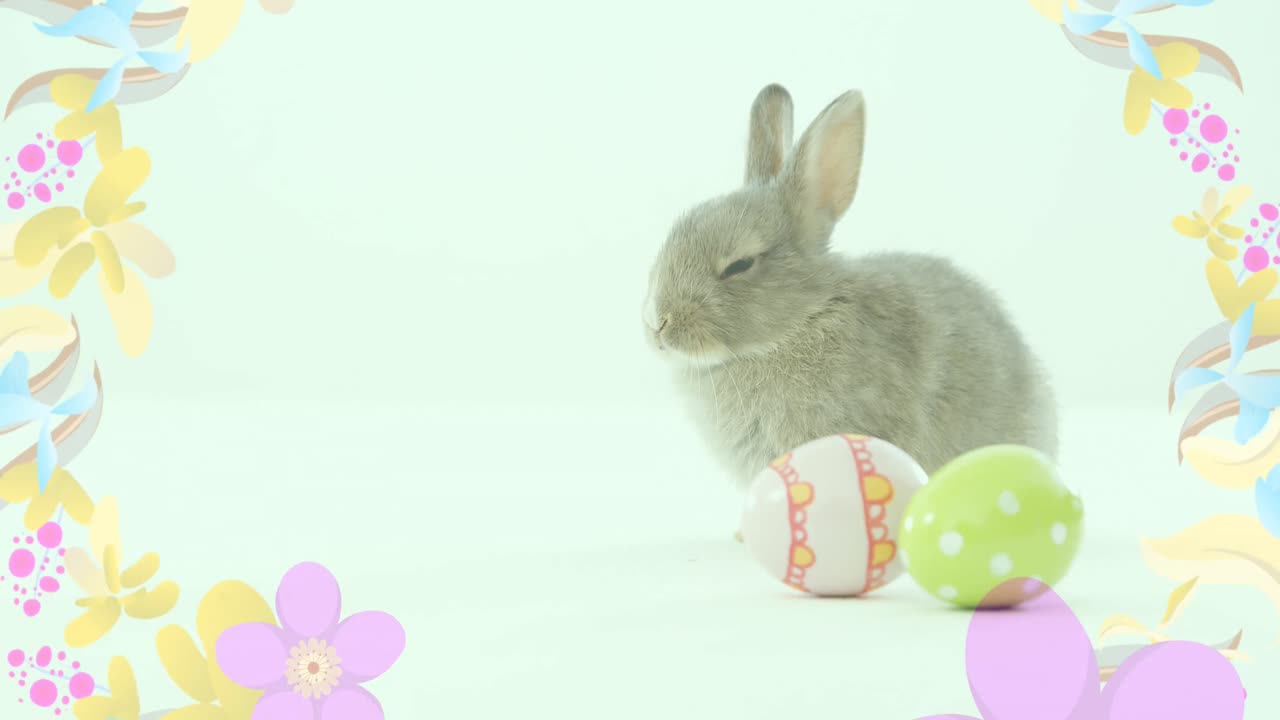 초록색 배경 에 회전 하는 꽃 을 가진 부활절 달 ⁇  과 부활절 토끼 의 애니메이션