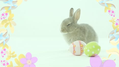 animation of easter eggs and easter bunny with spinning flowers on green background