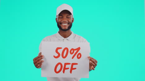 black man, billboard and sign for discount sale