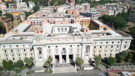 aerial pullback reveals ministry of eduction building in rome, italy