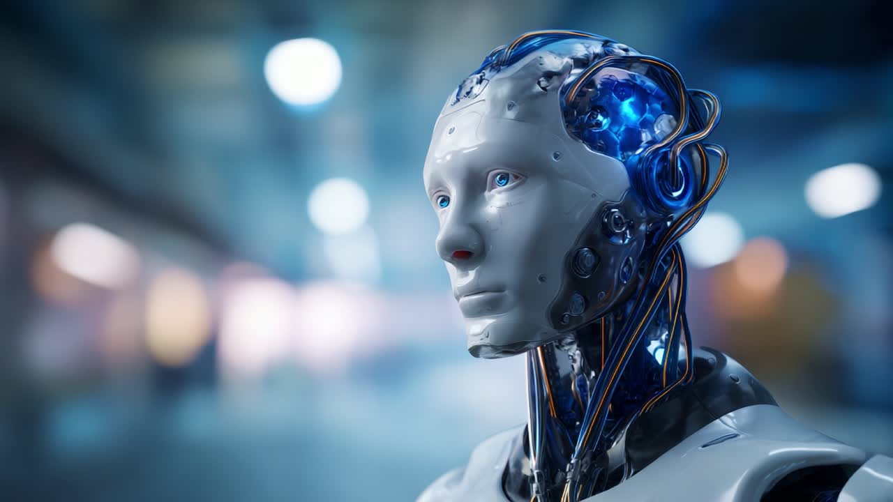 Testa di robot futuristico con circuiti complessi e illuminazione blu su sfondo sfocato, che mette in mostra la tecnologia IA avanzata e le caratteristiche di design estetico