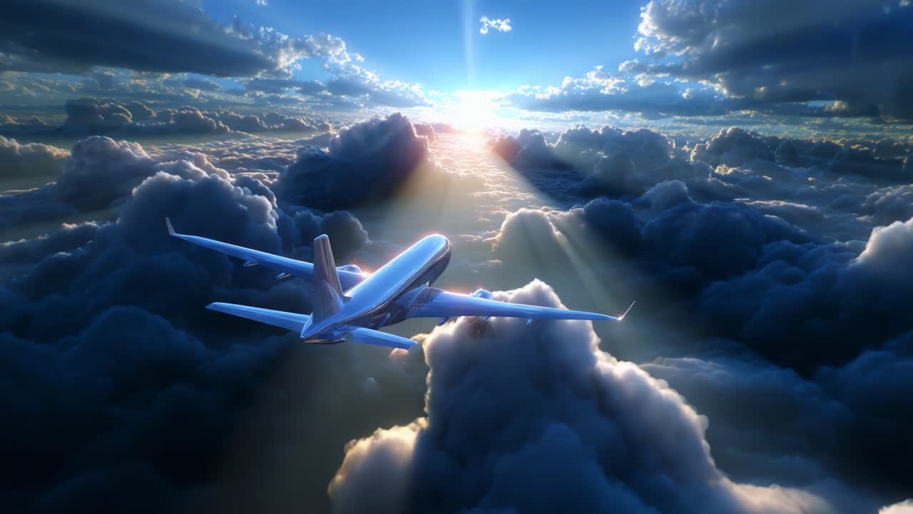 A Majestic Airplane Soaring Through the Vibrant Clouds, Capturing the Beauty of Sunset Skies and the Splendor of Flight Above the World, Bathed in Glorious Rays of Light and Unmatched Serenity