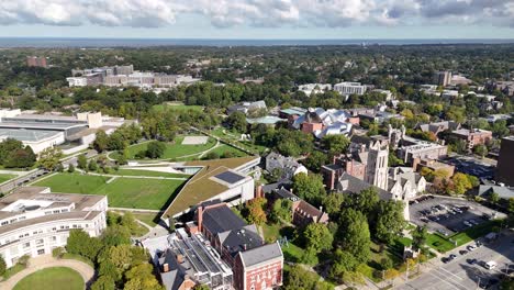 drone shot of case western reserve university campus, cleveland ohio usa, center and church of the covenant