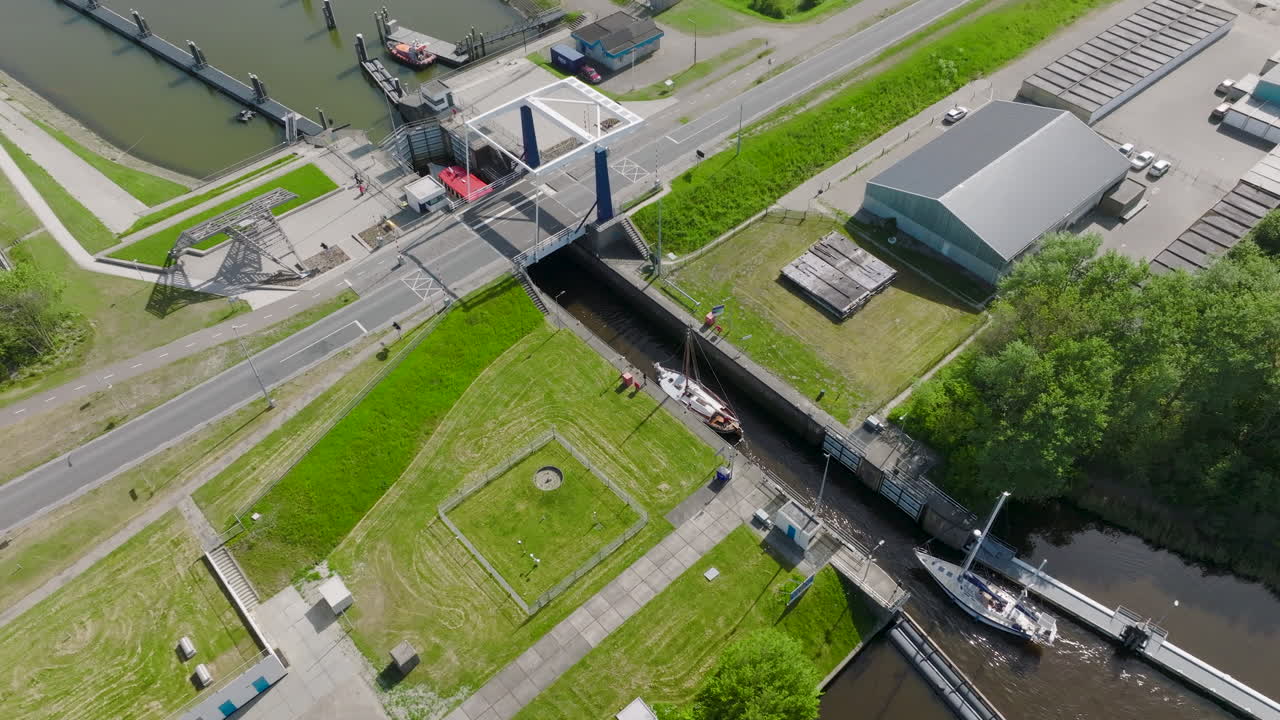 A bird's-eye perspective of the Dutch port of Lauwersoog reveals its opening, which facilitates the entrance of watercraft