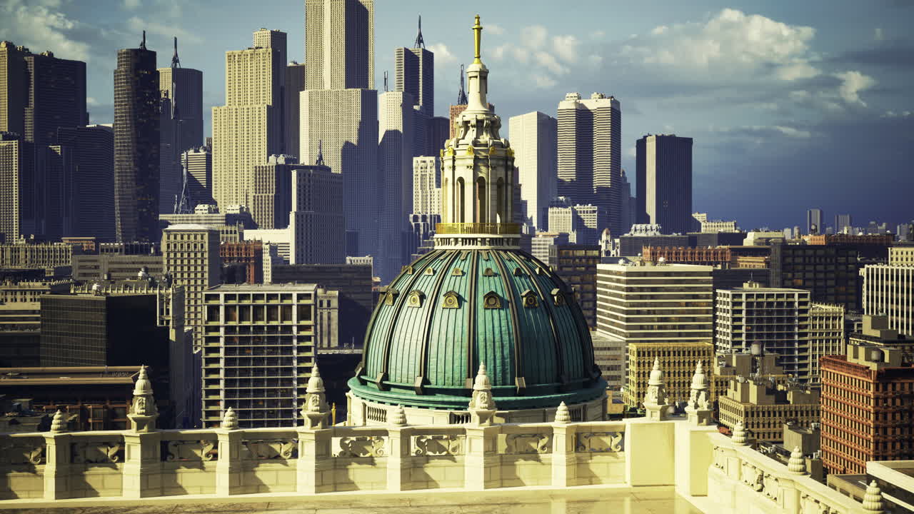 City skyline with historic dome and modern buildings in the background