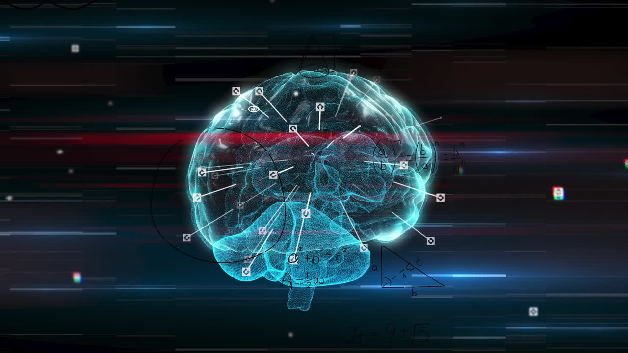 검은색 배경에 회전하는 인간 뇌 아이콘 위에 디지털 아이콘과 빛 트레일의 애니메이션