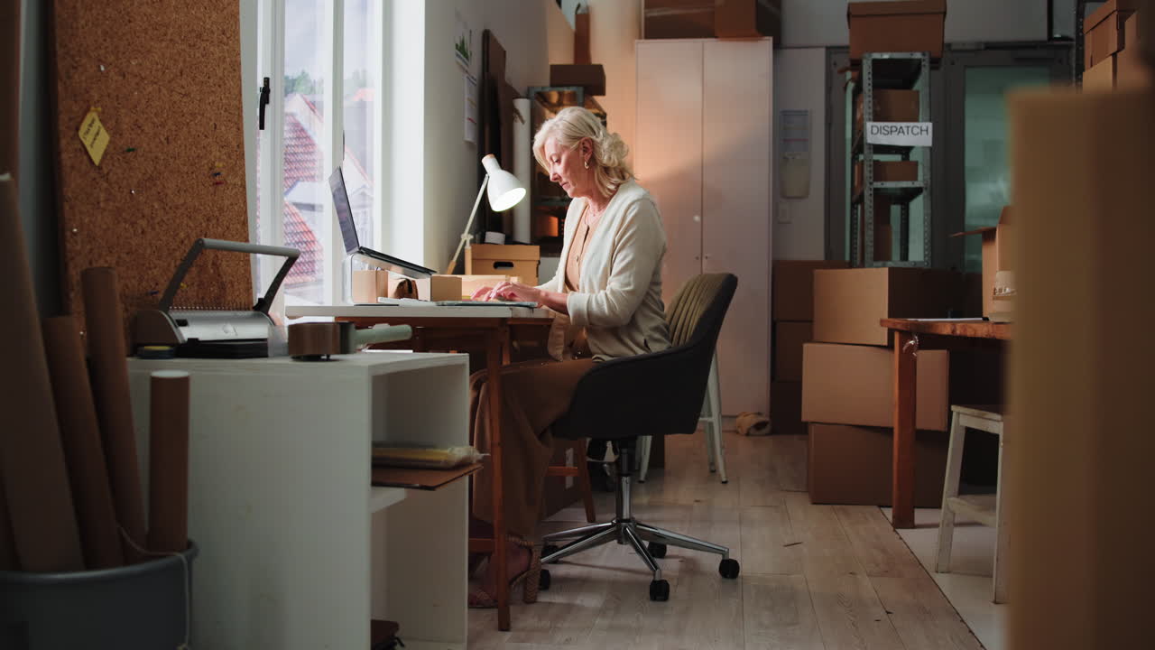 Senior Woman Working on Laptop in Her Small Business Office