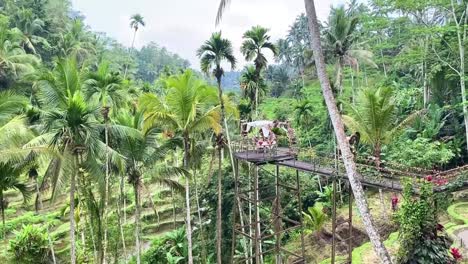 dining area overlooking rice terraces, lush jungle landscape in bali, serene restaurant on stilted tower