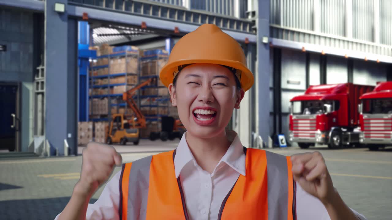 Close Up Of Asian Female Engineer With Safety Helmet Screaming Goal And Dancing Celebrating, Outside of Logistics Distributions Warehouse