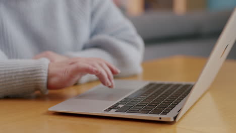 manos de una mujer caucásica irreconocible usando una laptop, vista lateral cercana