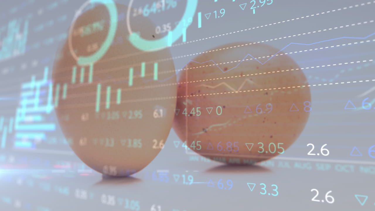 Two potatoes getting overlaid with translucent stock charts and teal line graphs in flat design