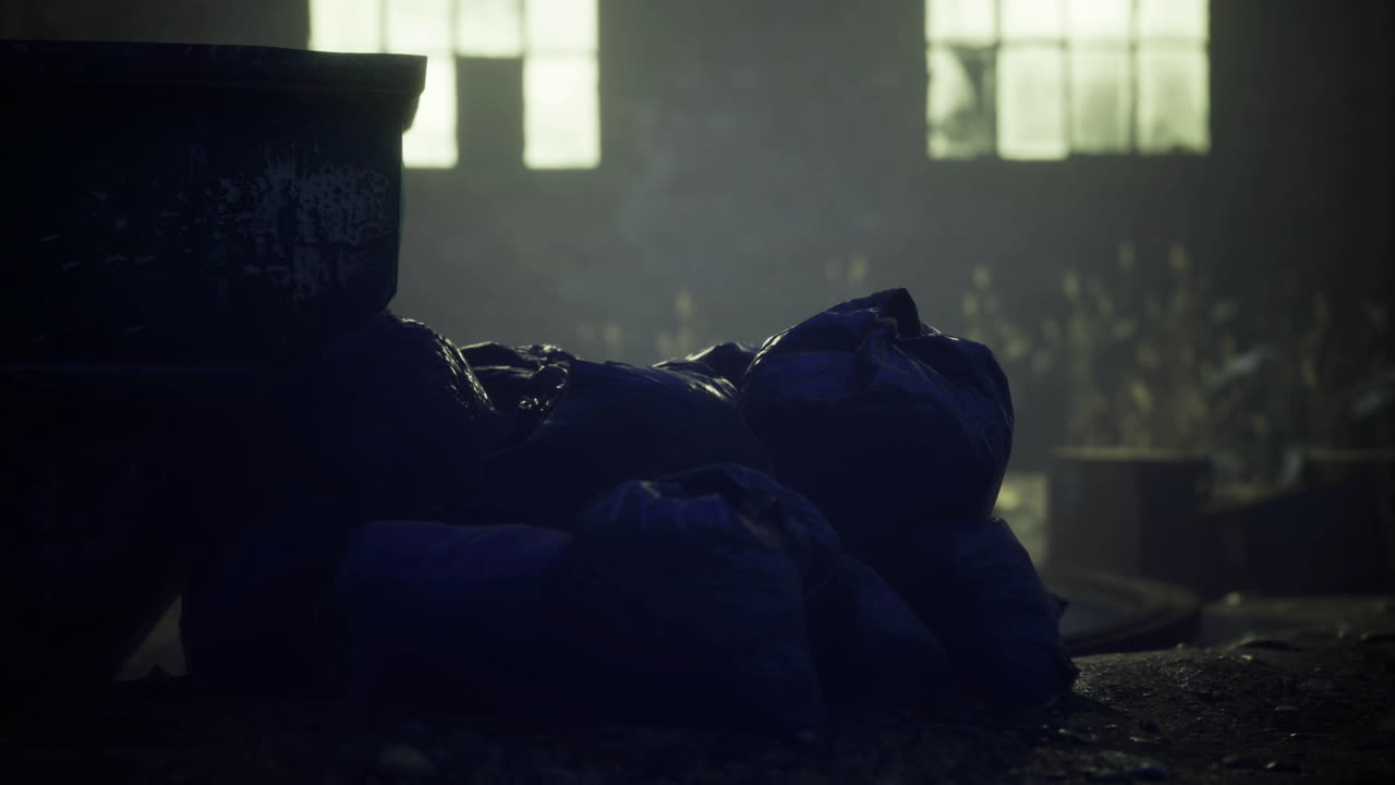 Mysterious sculpture rests amid shadows in an abandoned industrial space