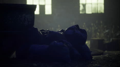 mysterious sculpture rests amid shadows in an abandoned industrial space