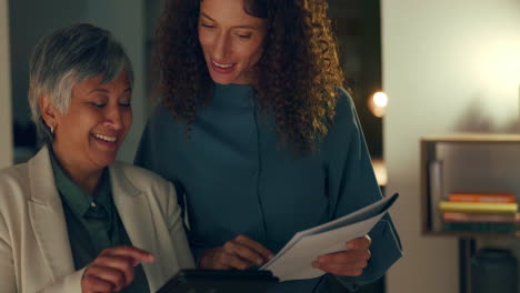 business women, tablet and documents in night