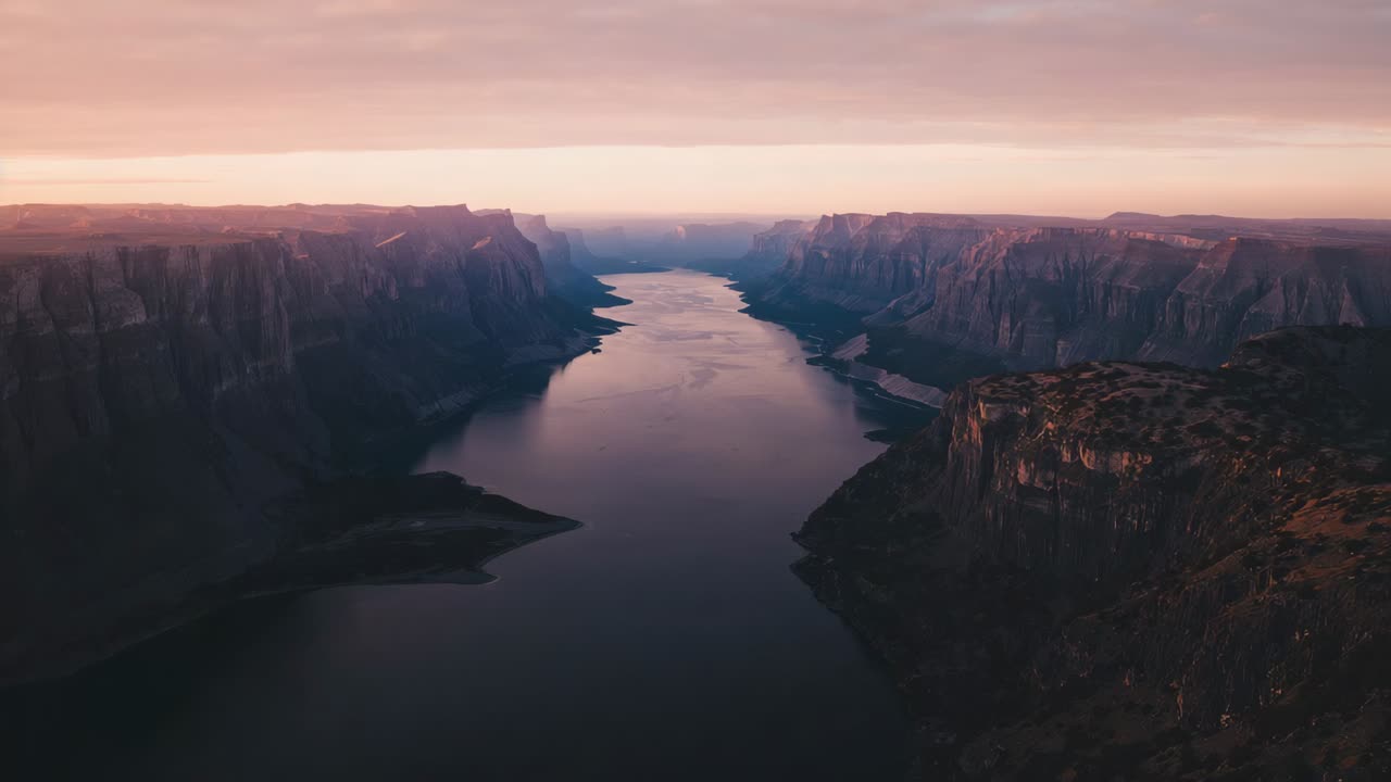 Drone volant commençant sa course vers l’avant, capturant un long fjord étroit avec des falaises abruptes et une eau calme