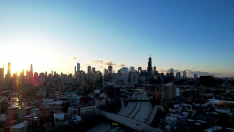 Morning-Sunrise-Over-City-Of-Chicago-Skyline-Aerial-Timelapse