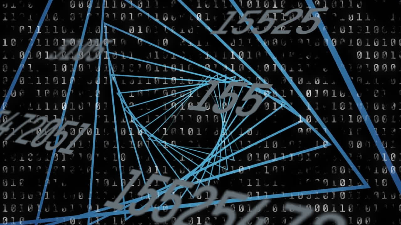 código binario y animación de números sobre formas geométricas sobre fondo negro