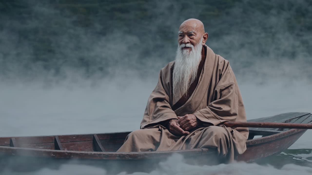 A serene video still of an elderly man in traditional attire, seated in a wooden boat on misty