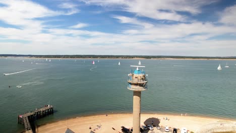 aerial view rising over national coast watch institution radar tower with boats sailing on seascape horizon