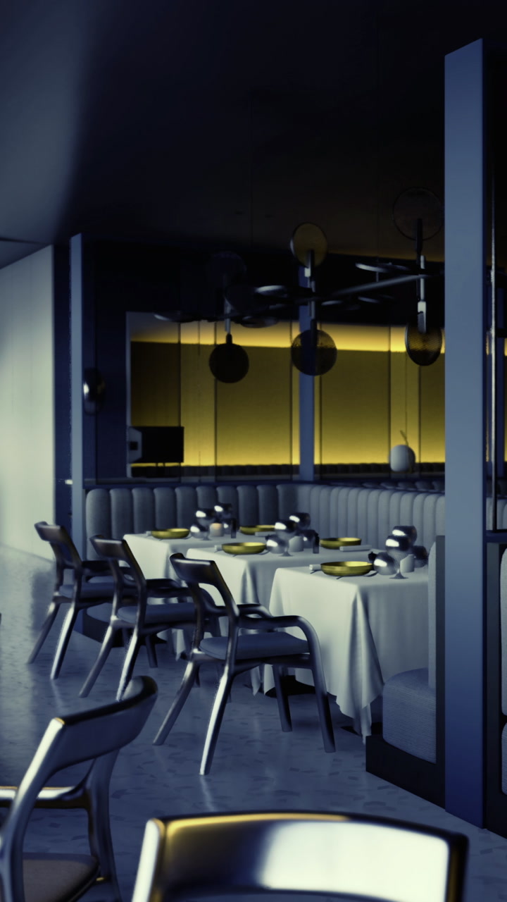 Modern restaurant dining area with tables and chairs set up for customers