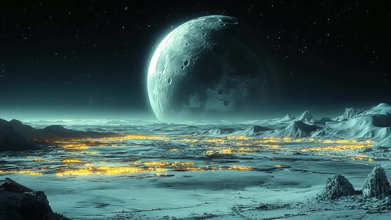 Glowing lunar landscape. A stunning lunar landscape showcases shimmering lights against a dark sky, highlighting craters and mountains.