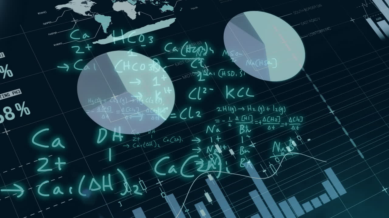 Animation of finacial data processing with mathematical equation on black background