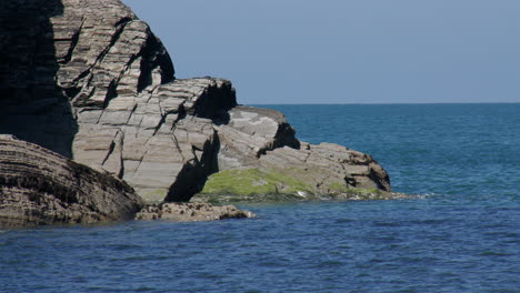 wide shot looking west of sea on rock formations at low tide on cwmtydu beach