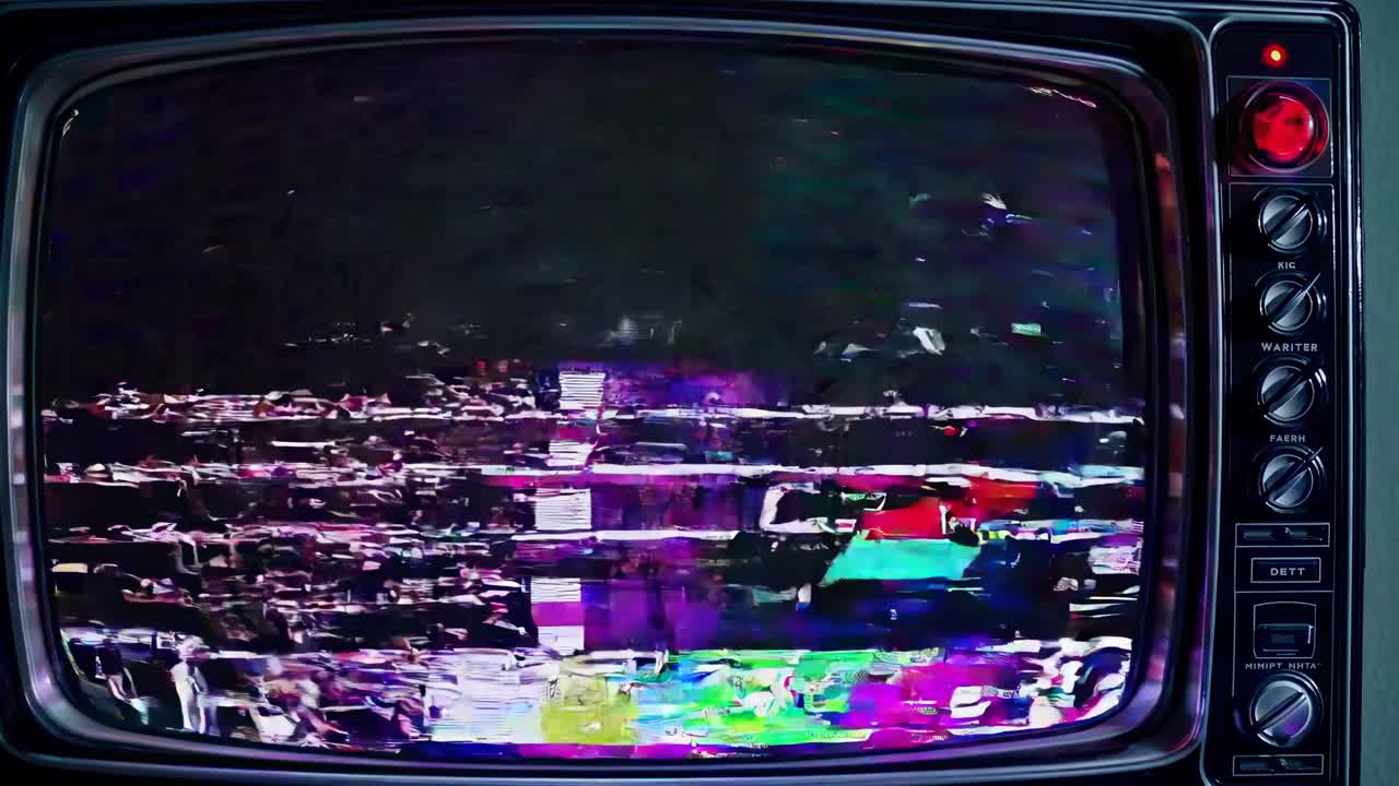 Pantalla de televisión retro con patrón de prueba colorido y estática, tomada desde un ángulo frontal