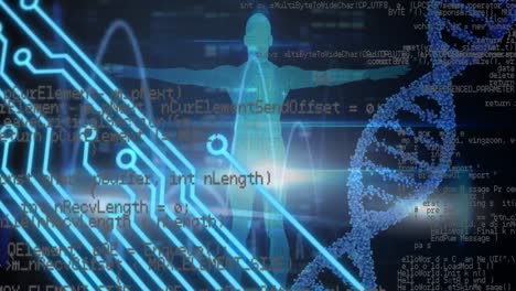 animación de diversos procesamientos de datos, modelo humano, circuito integrado y adn en fondo negro