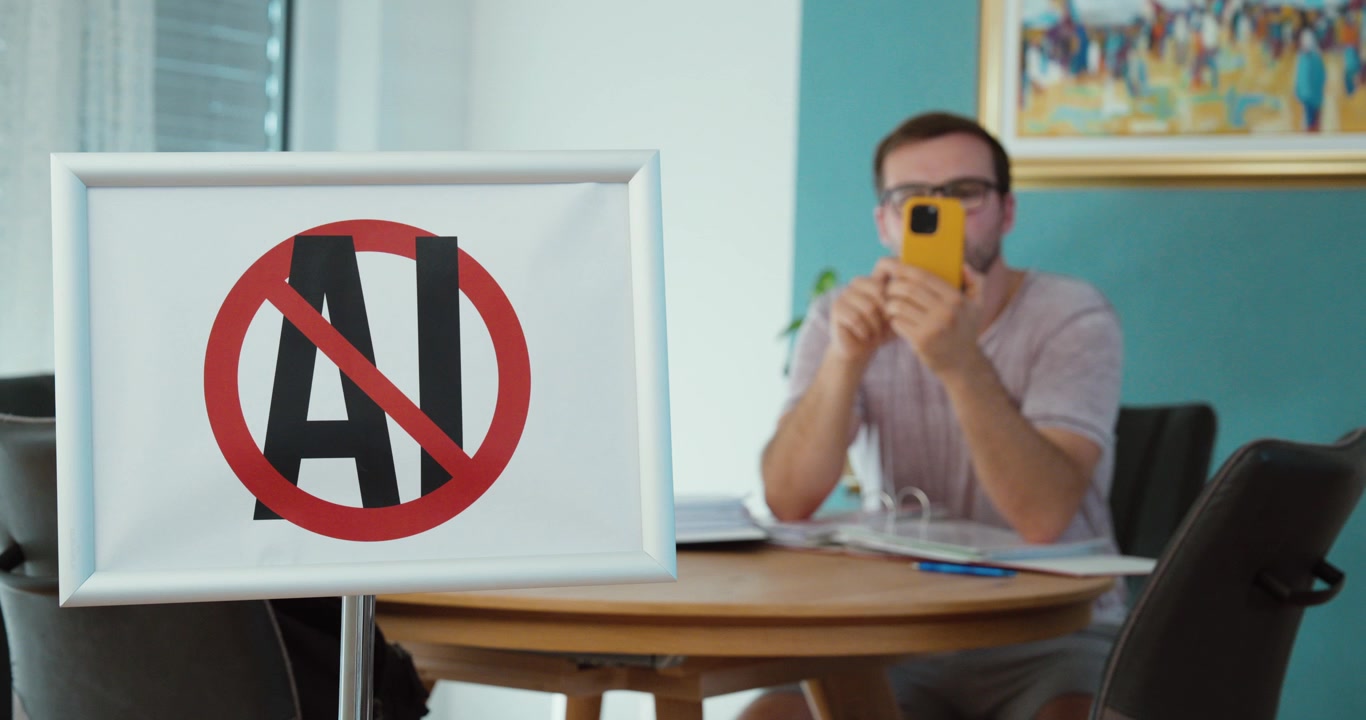 Uomo che usa uno smartphone accanto a un cartello