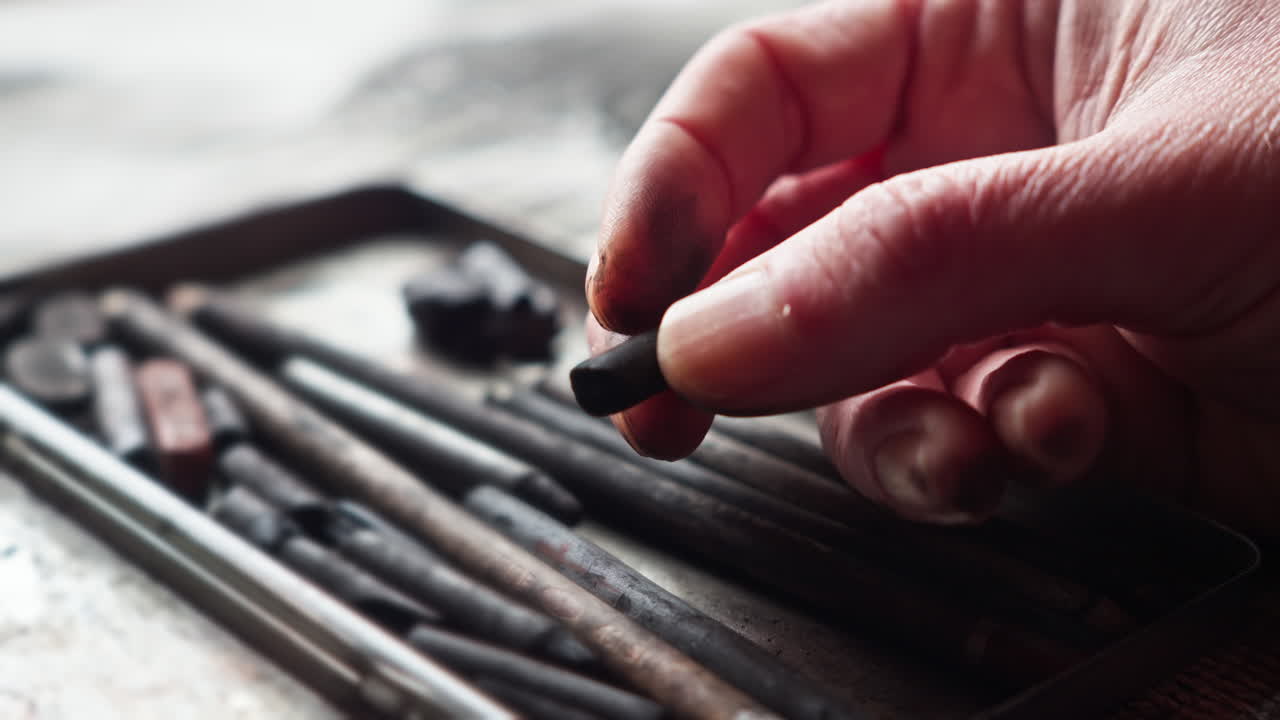 Macro close-up of an artist thoughtfully rolling charcoal between fingers, conveying contemplation and creative decision-making. Perfect for themes of focus, ideation, and artistic tension