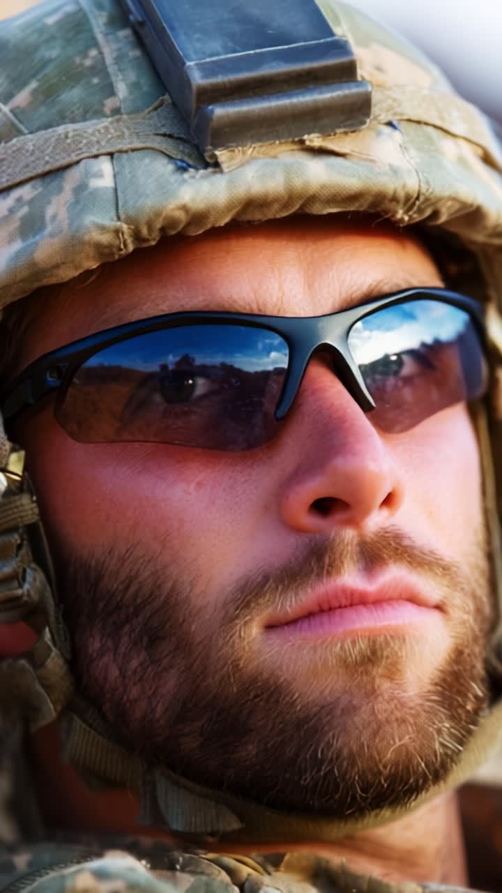 Close-up of a soldier in a military helmet, wearing sunglasses and focused on the environment, showcasing determination and readiness in a tactical setting