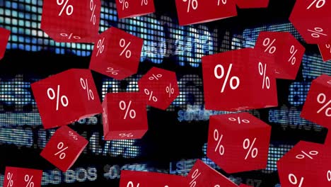 animación de cubos rojos con signo de porcentaje sobre gráficos y estadísticas