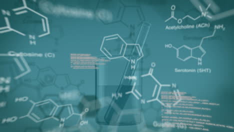animación del procesamiento de datos y la fórmula química sobre el vaso y el tubo de ensayo