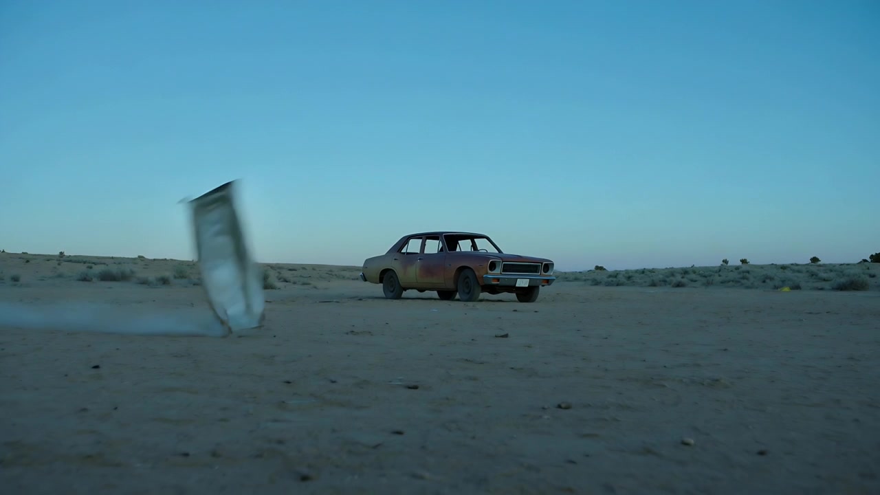 Dunkles Objekt kommt von links, fliegt knapp über dem Boden über die Wüste, hinterlässt eine Staubspur bei einem verrosteten Sedan.