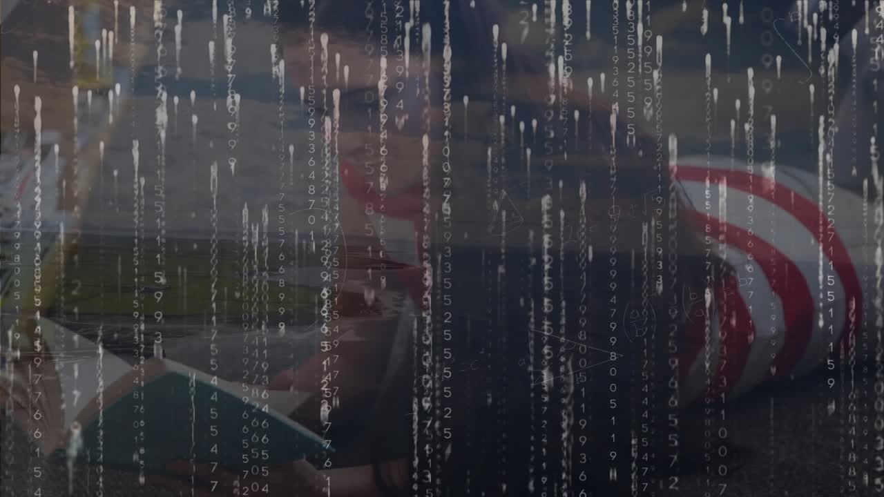 Animation of data processing over caucasian female student in library