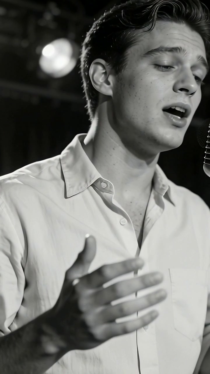 Vertical video: Light cueing singer in pale shirt leaning into vintage mic on stage
