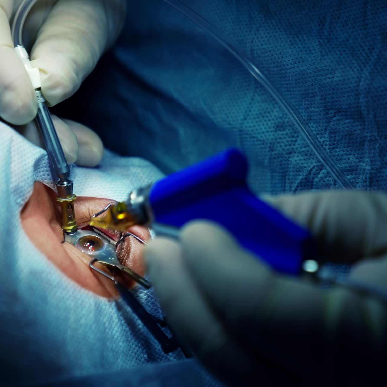 Operating room during ophthalmic surgery. Surgeon hands in gloves performing laser eye vision correction