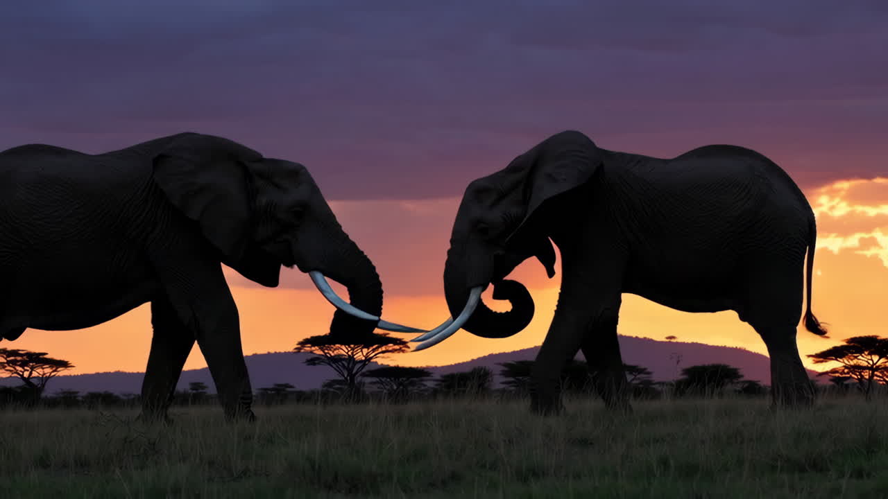 Two Elephants Silhouetted Against a Vibrant Sunset in the Savanna