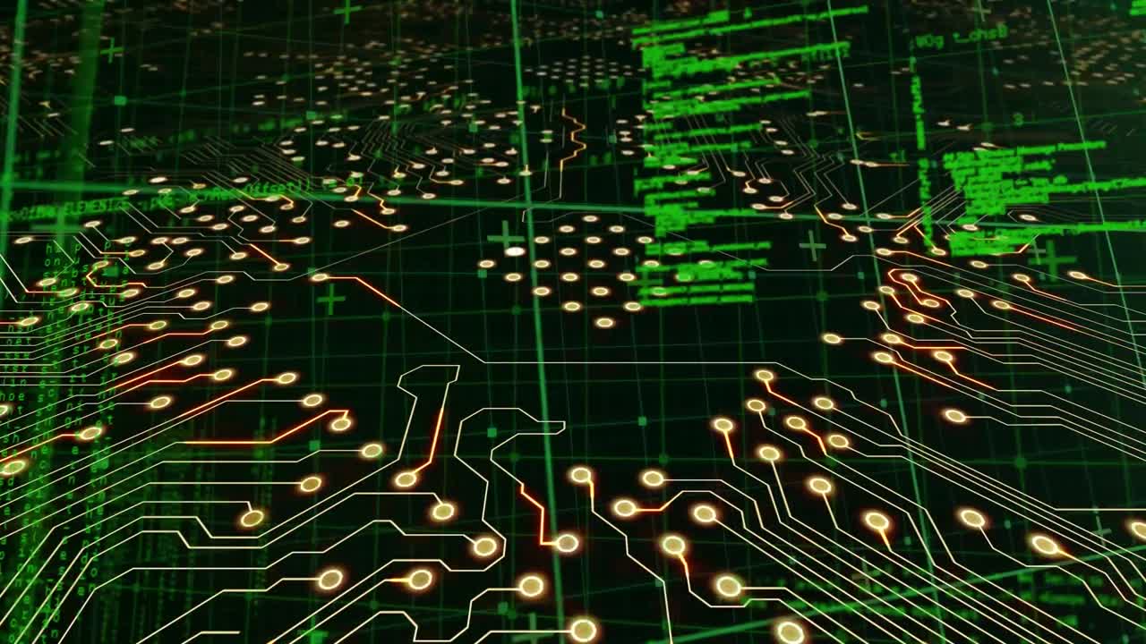 анимация платы компьютерной схемы над обработкой данных на черном фоне