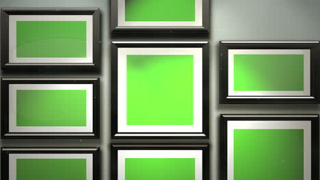 cámara de movimiento en galería de arte con imagen y marco moderno con fondo de arte de pantalla de maqueta verde 1