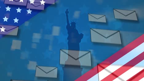 multiple envelope icons falling over american flag against statue of liberty