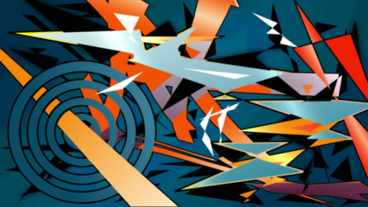 animación de un patrón gráfico dinámico de colores que se construye sobre una nube roja sobre un fondo a rayas azules