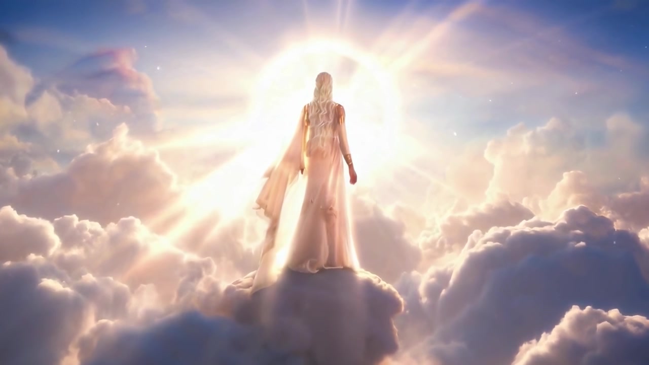 Femme éthérée debout sur un nuage dans un ciel radieux