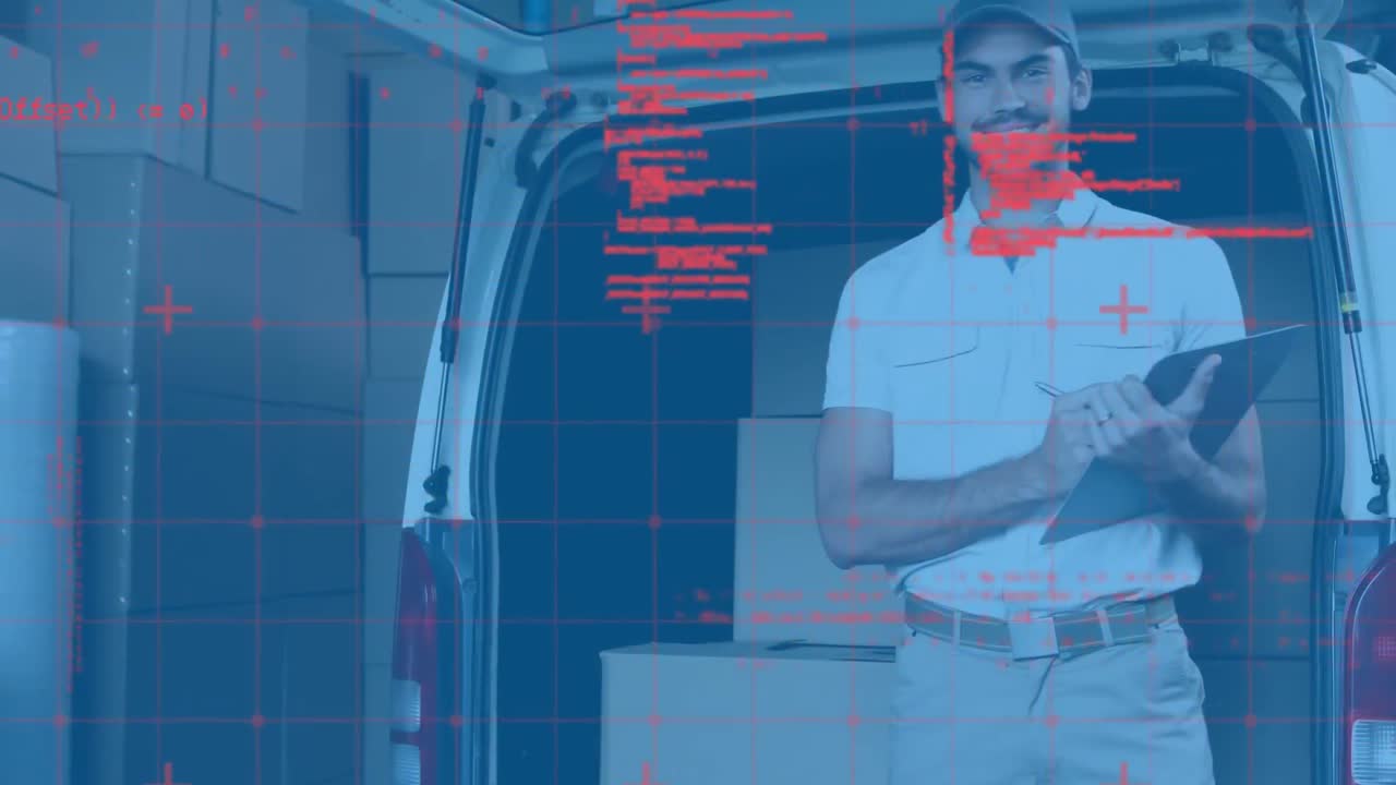 Databehandling med en kaukasisk leveringsmand med en udklipsblok, der kontrollerer lageret i varevognen